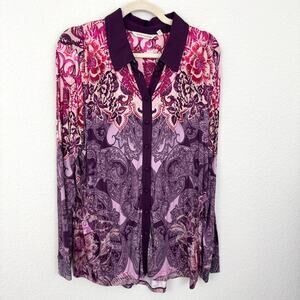 Soft Surroundings Womens Button Blouse Top Size L Paisley Floral Flowy Purple